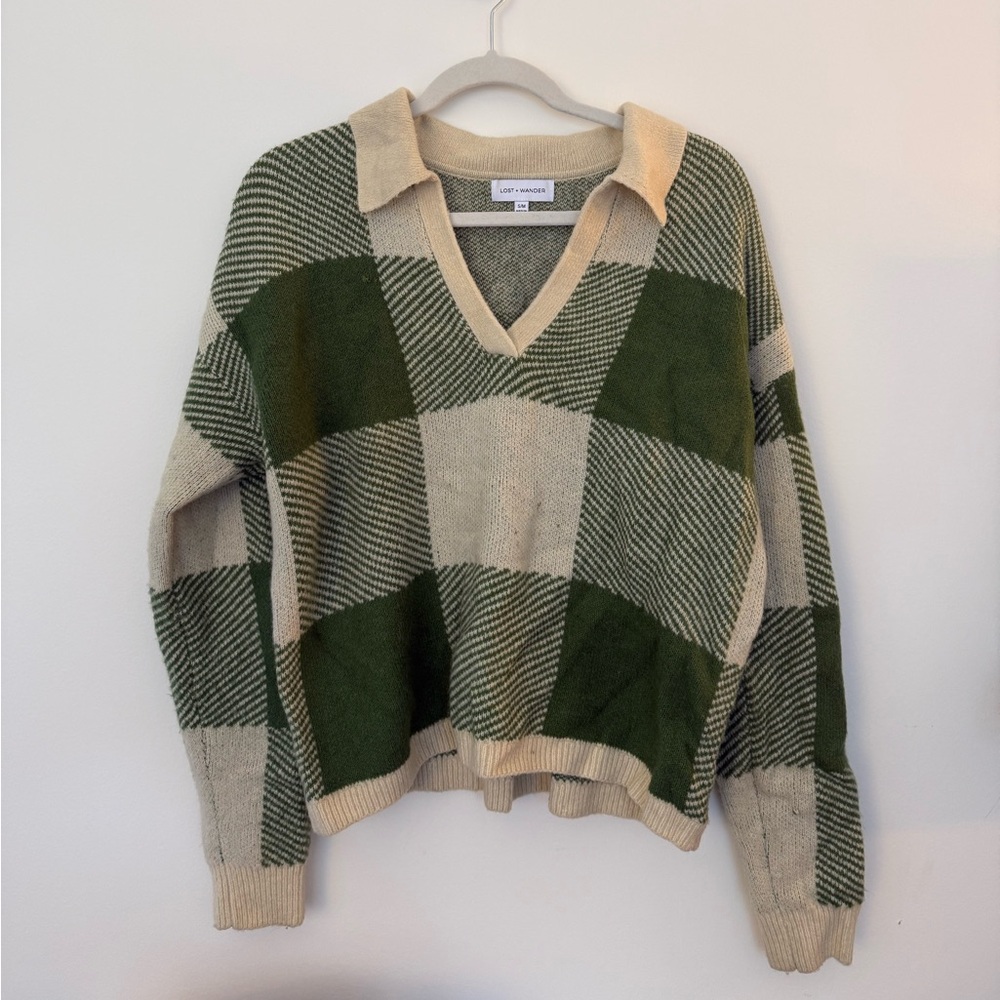 Lost + Wander Green and Cream V-Neck Sweater
